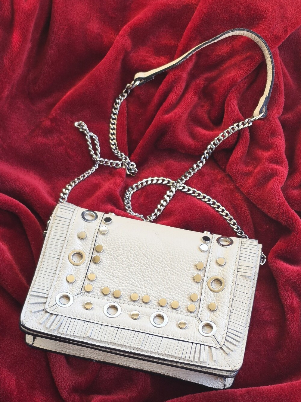 Vera Pelle Italian Leather Studded Crossbody Bag with Fringe Western Boho
